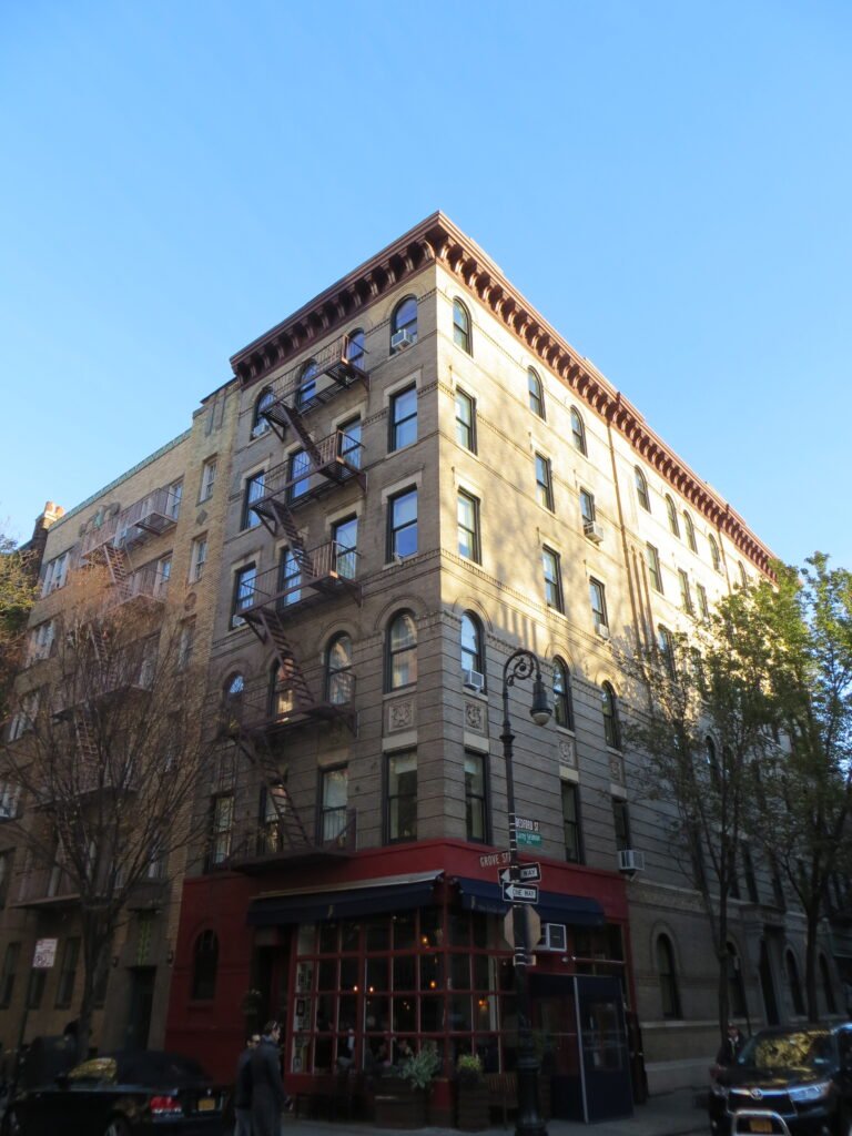 The Exterior of the Friends apartment building at the corner of Bedford and Grove Street in the West Village, Manhattan.